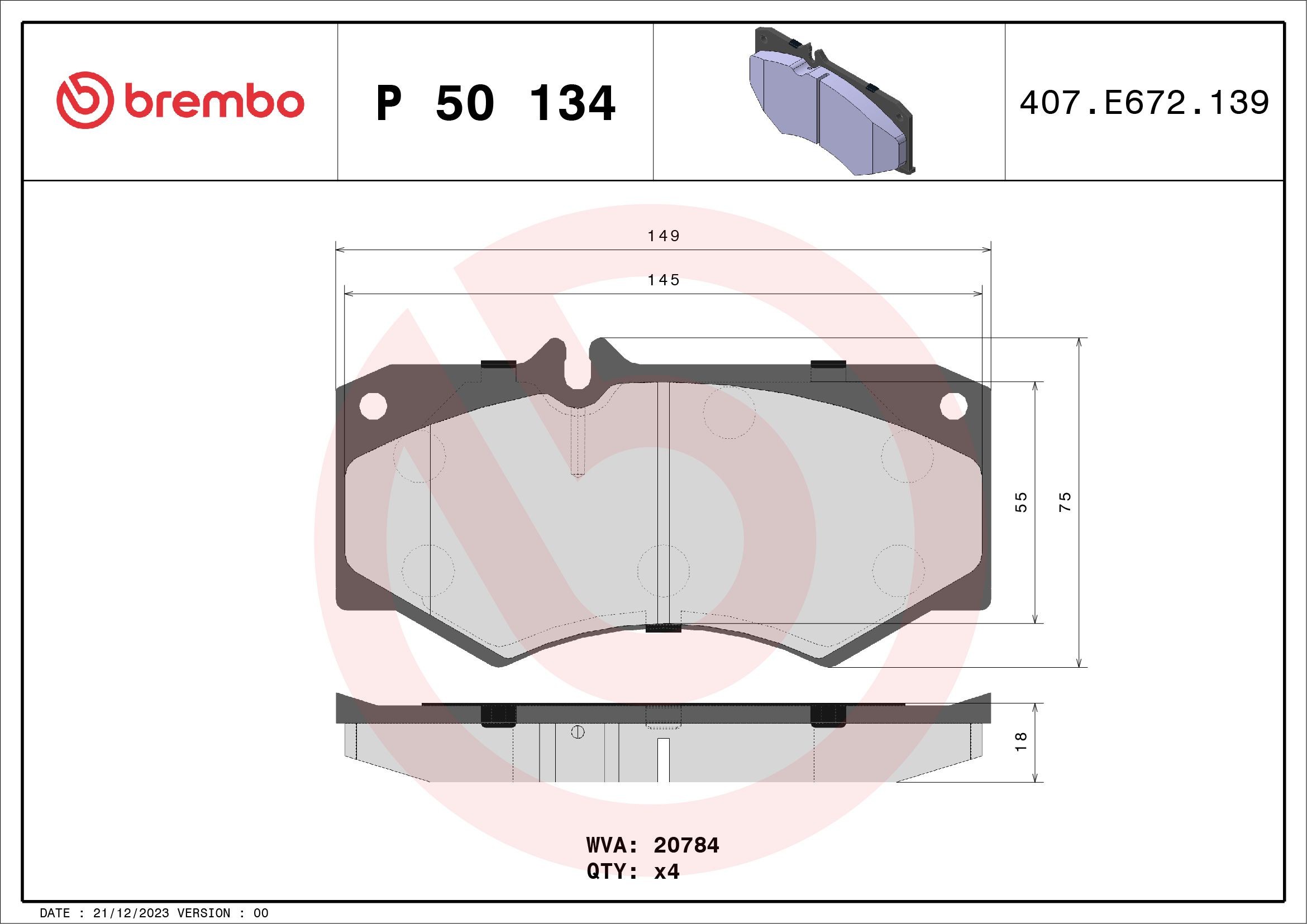 21056 BREMBO P50134 Brake pad set 004 420 14 20