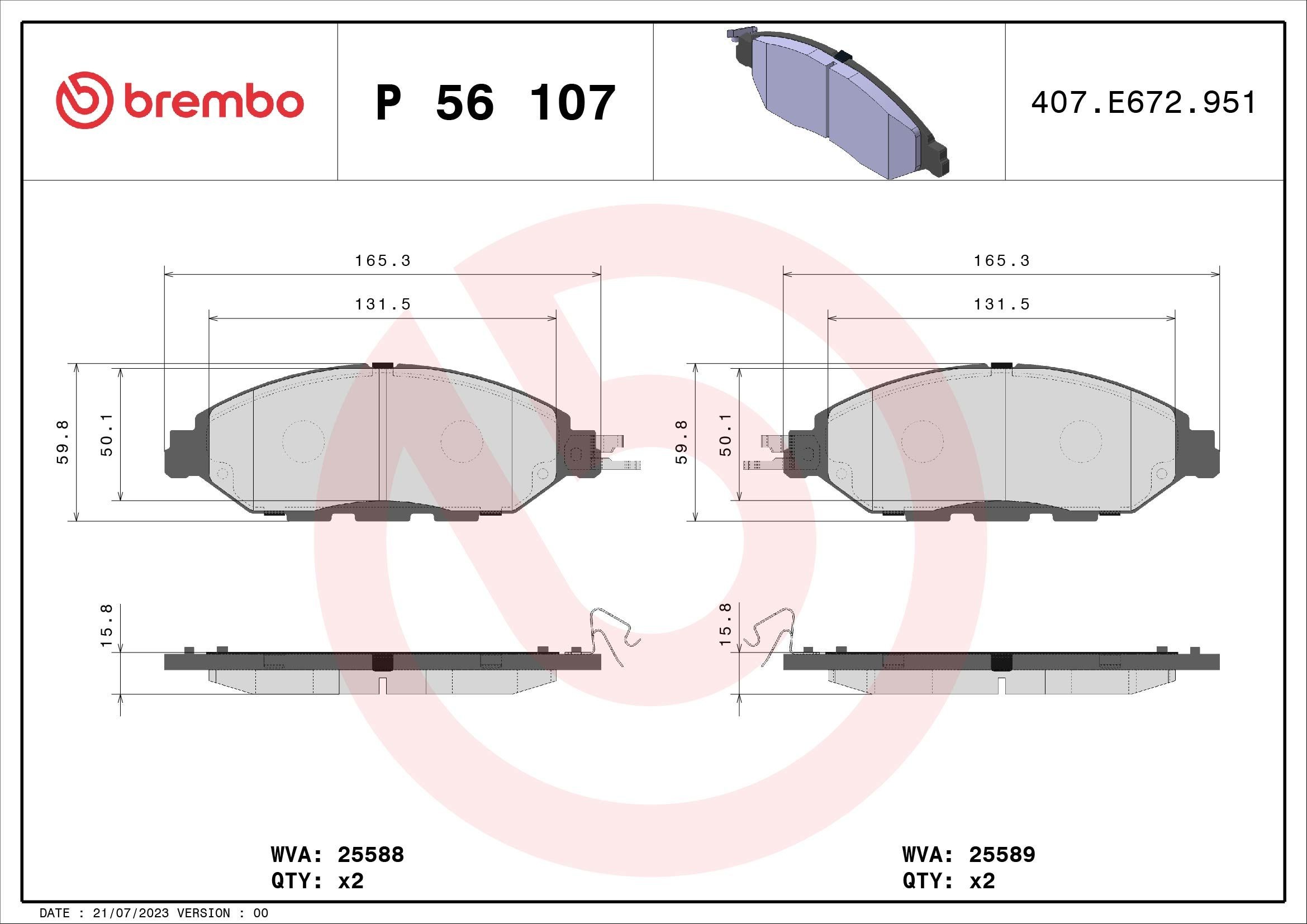 BREMBO with acoustic wear warning, without accessories Height: 60mm, Width: 166mm, Thickness: 16mm Brake pads P 56 107 buy