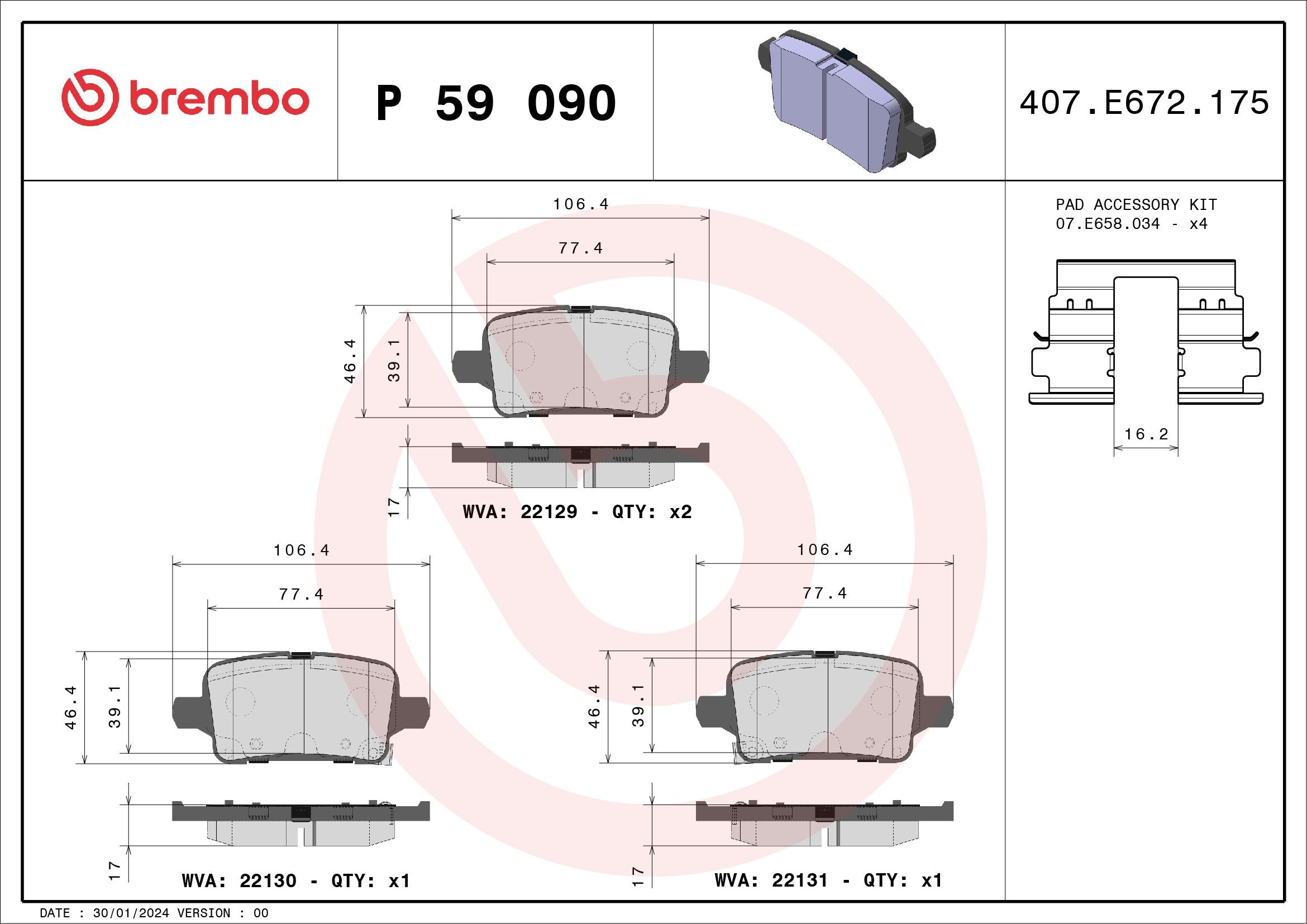 P59090 Set of brake pads D1857 9085 BREMBO with acoustic wear warning, with accessories