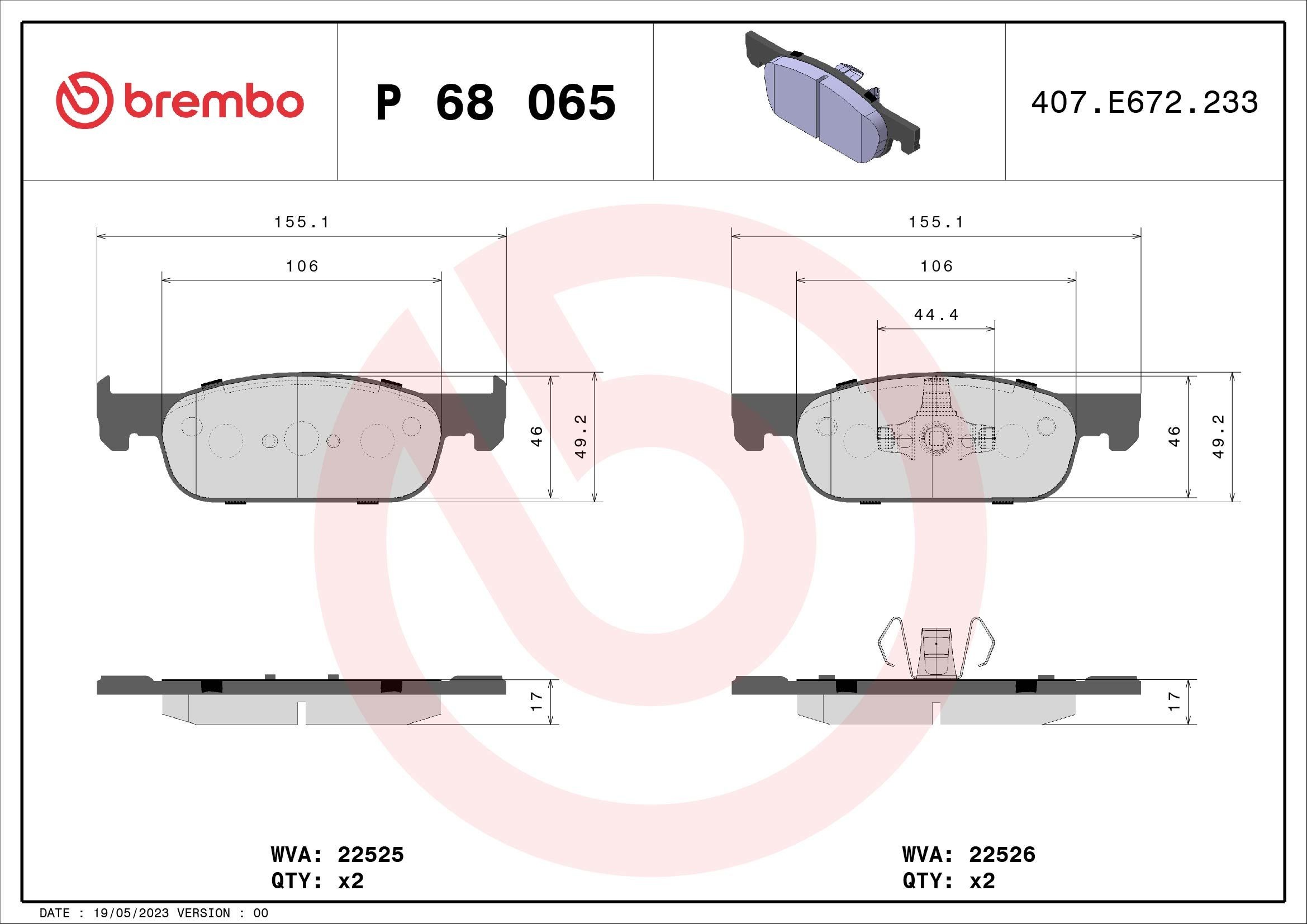 P68065 Set of brake pads P68065 BREMBO excl. wear warning contact, with piston clip, without accessories