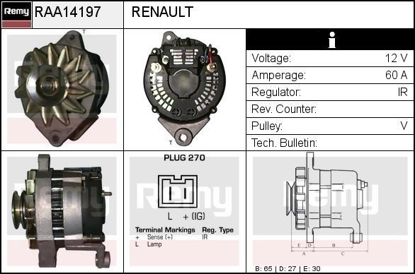 RAA14197 DELCO REMY Generator RENAULT 12V, 60A, Plug270, Ø 65 mm, with integrated regulator