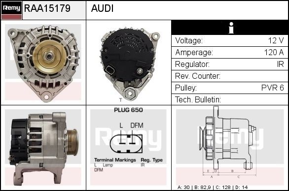Alternator DELCO REMY 12V, 120A, Plug650, Ø 64,5 mm, with integrated regulator - RAA15179