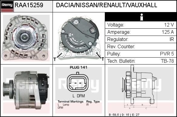 Alternator DELCO REMY 12V, 125A, Plug651, Ø 55 mm, with integrated regulator - RAA15259