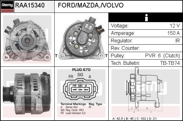 Original DELCO REMY DA5349N Generator RAA15340 for FORD FOCUS