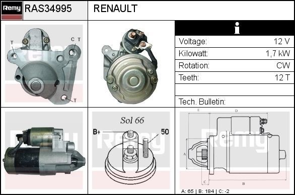 Starter DELCO REMY 12V, 1,7kW, Number of Teeth: 12, SOL66, Ø 65 mm - RAS34995