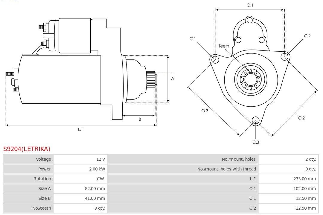 S9204(LETRIKA) Starter motor S9204(LETRIKA) AS-PL 12V, 2,00kW, Number of Teeth: 9