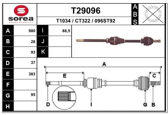 T1034 EAI 980mm, 95mm Length: 980mm, External Toothing wheel side: 28 Driveshaft T29096 buy