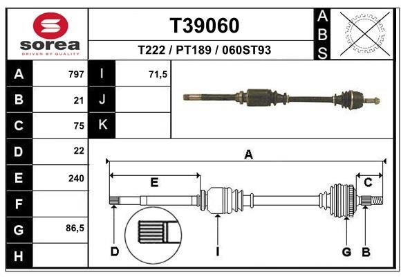 T222 EAI 797mm, 87mm Length: 797mm, External Toothing wheel side: 21 Driveshaft T39060 buy