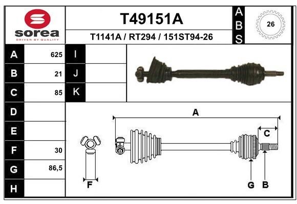 T1141A EAI 625mm, 87mm Length: 625mm, External Toothing wheel side: 21, Number of Teeth, ABS ring: 26 Driveshaft T49151A buy