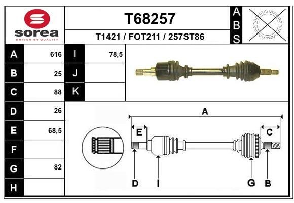 T1421 EAI 616mm, 82mm Length: 616mm, External Toothing wheel side: 25 Driveshaft T68257 buy