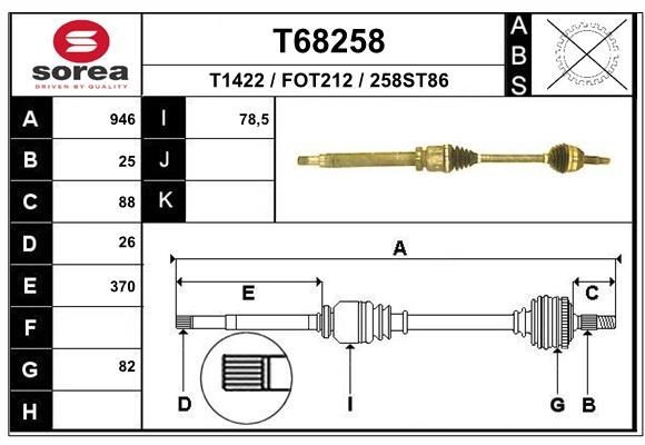T1422 EAI 946mm, 82mm Length: 946mm, External Toothing wheel side: 25 Driveshaft T68258 buy
