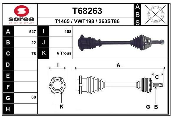 T1465 EAI 527mm, 88mm Length: 527mm, External Toothing wheel side: 22 Driveshaft T68263 buy