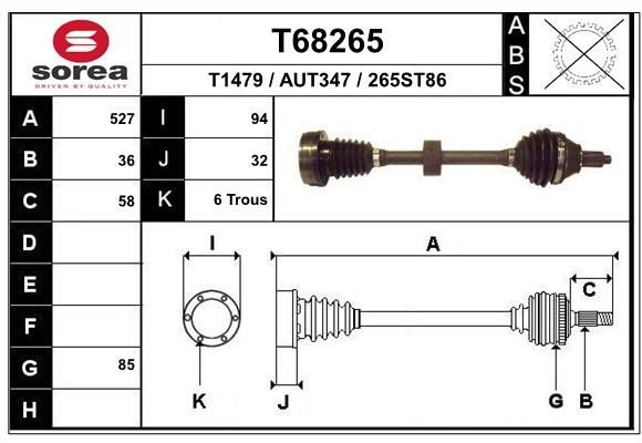 T1479 EAI 527mm, 85mm Length: 527mm, External Toothing wheel side: 36 Driveshaft T68265 buy