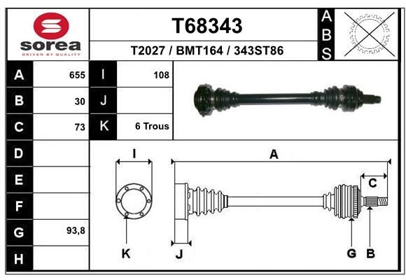 T2027 EAI 655mm, 94mm Length: 655mm, External Toothing wheel side: 30 Driveshaft T68343 buy