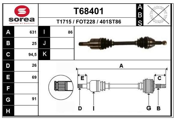 T1715 EAI 631mm, 91mm Length: 631mm, External Toothing wheel side: 25 Driveshaft T68401 buy