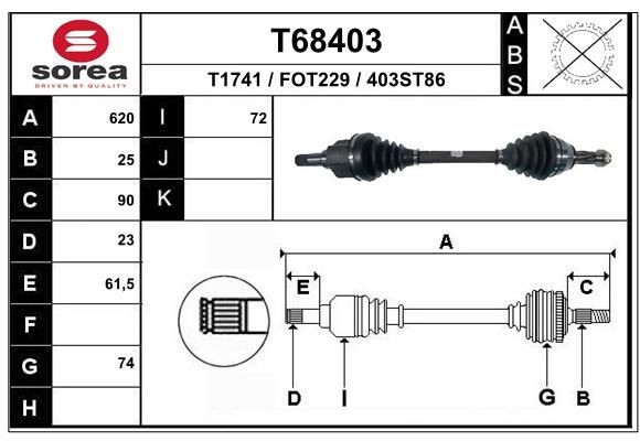 T1741 EAI 620mm, 74mm Length: 620mm, External Toothing wheel side: 25 Driveshaft T68403 buy