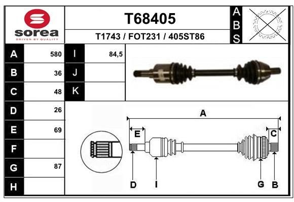 T1743 EAI 580mm, 87mm Length: 580mm, External Toothing wheel side: 36 Driveshaft T68405 buy