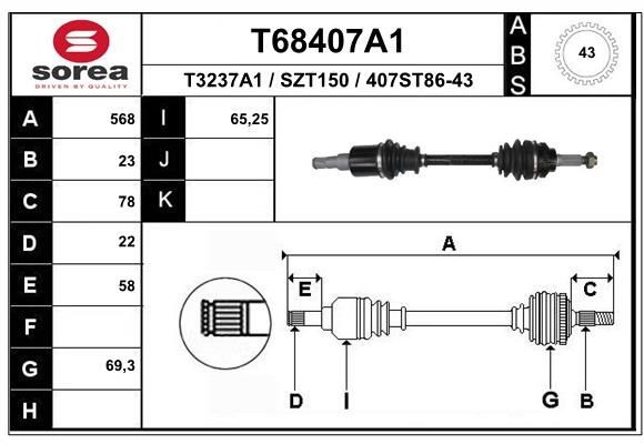 T3237A1 EAI 568mm, 69mm Length: 568mm, External Toothing wheel side: 23, Number of Teeth, ABS ring: 43 Driveshaft T68407A1 buy