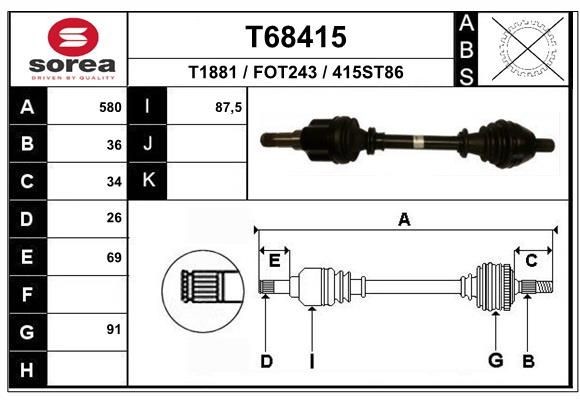 T1881 EAI 580mm, 91mm Length: 580mm, External Toothing wheel side: 36 Driveshaft T68415 buy