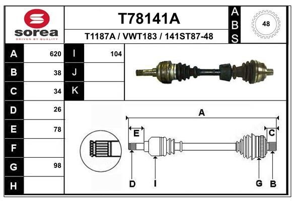 T1187A EAI 620mm, 98mm Length: 620mm, External Toothing wheel side: 38, Number of Teeth, ABS ring: 48 Driveshaft T78141A buy