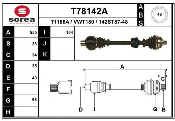 T1186A EAI 555mm, 98mm Length: 555mm, External Toothing wheel side: 38, Number of Teeth, ABS ring: 48 Driveshaft T78142A buy