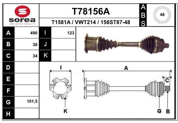 T1581A EAI 490mm, 102mm Length: 490mm, External Toothing wheel side: 38, Number of Teeth, ABS ring: 48 Driveshaft T78156A buy