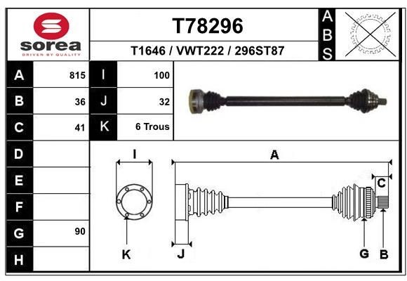 T1646 EAI 815mm, 90mm Length: 815mm, External Toothing wheel side: 36 Driveshaft T78296 buy