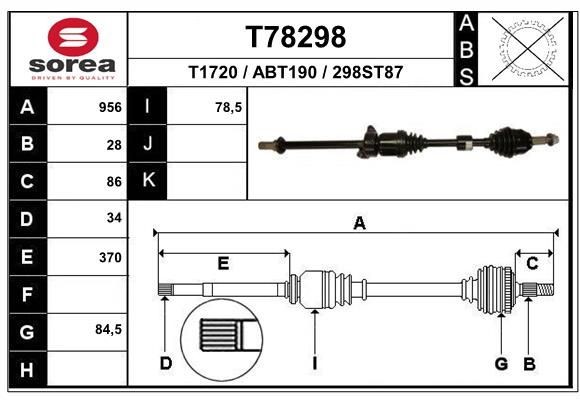 T1720 EAI 956mm, 85mm Length: 956mm, External Toothing wheel side: 28 Driveshaft T78298 buy