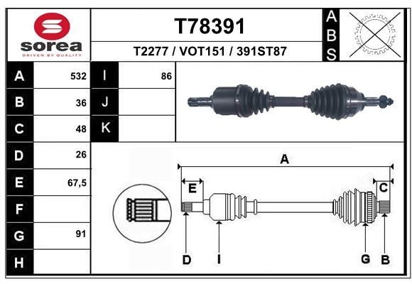 T2277 EAI 532mm, 91mm Length: 532mm, External Toothing wheel side: 36 Driveshaft T78391 buy