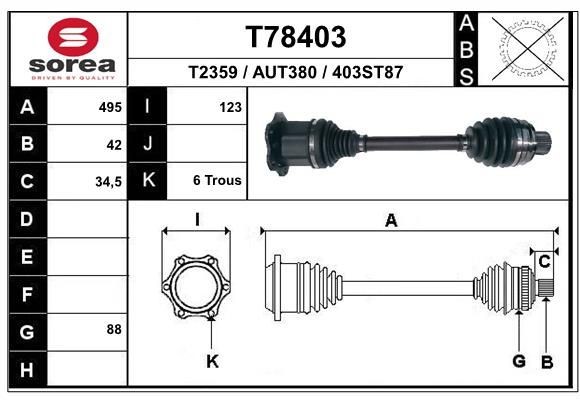 T2359 EAI 495mm, 88mm Length: 495mm, External Toothing wheel side: 42 Driveshaft T78403 buy
