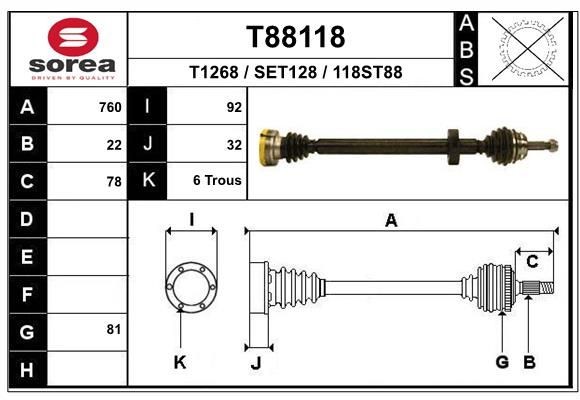 T1268 EAI 760mm, 81mm Length: 760mm, External Toothing wheel side: 22 Driveshaft T88118 buy