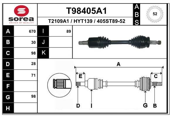 T2109A1 EAI 670mm, 98mm Length: 670mm, External Toothing wheel side: 30, Number of Teeth, ABS ring: 52 Driveshaft T98405A1 buy