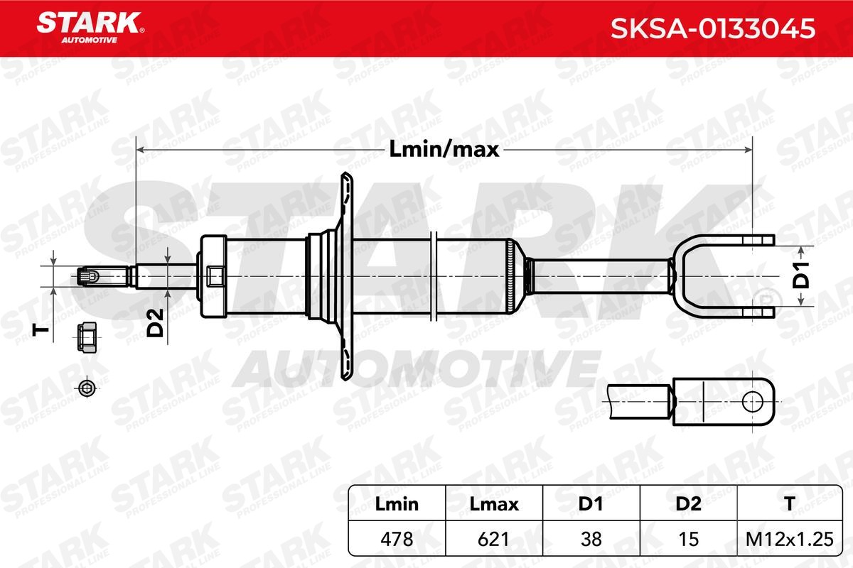 STARK SKSA-0133045 Shock absorber Front Axle, Gas Pressure, 621x478 mm, Twin-Tube, Telescopic Shock Absorber, Top pin, Bottom Fork