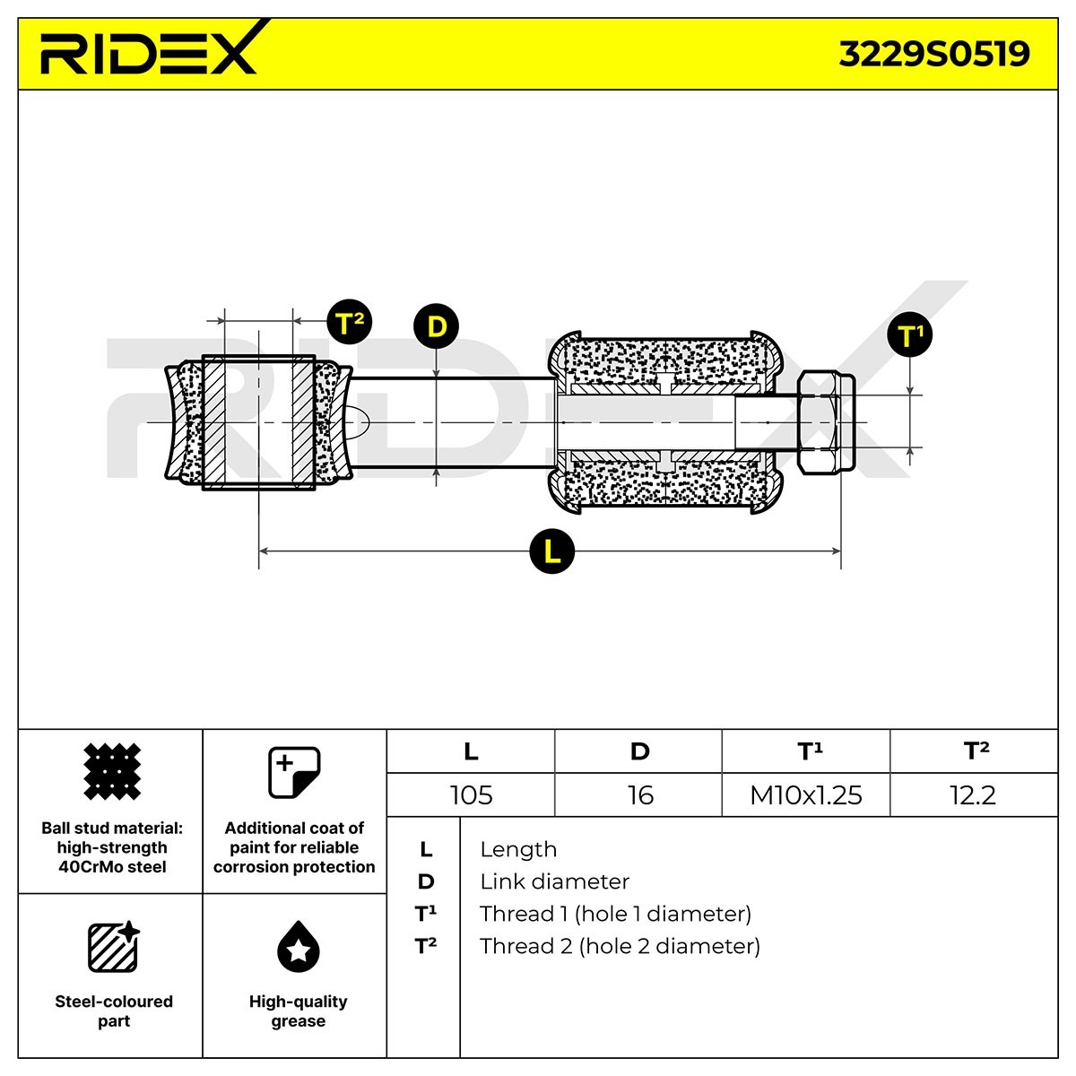 3229S0519 Anti-roll bar linkage 3229S0519 RIDEX Front axle both sides, 130mm, M10X1.25 RHT