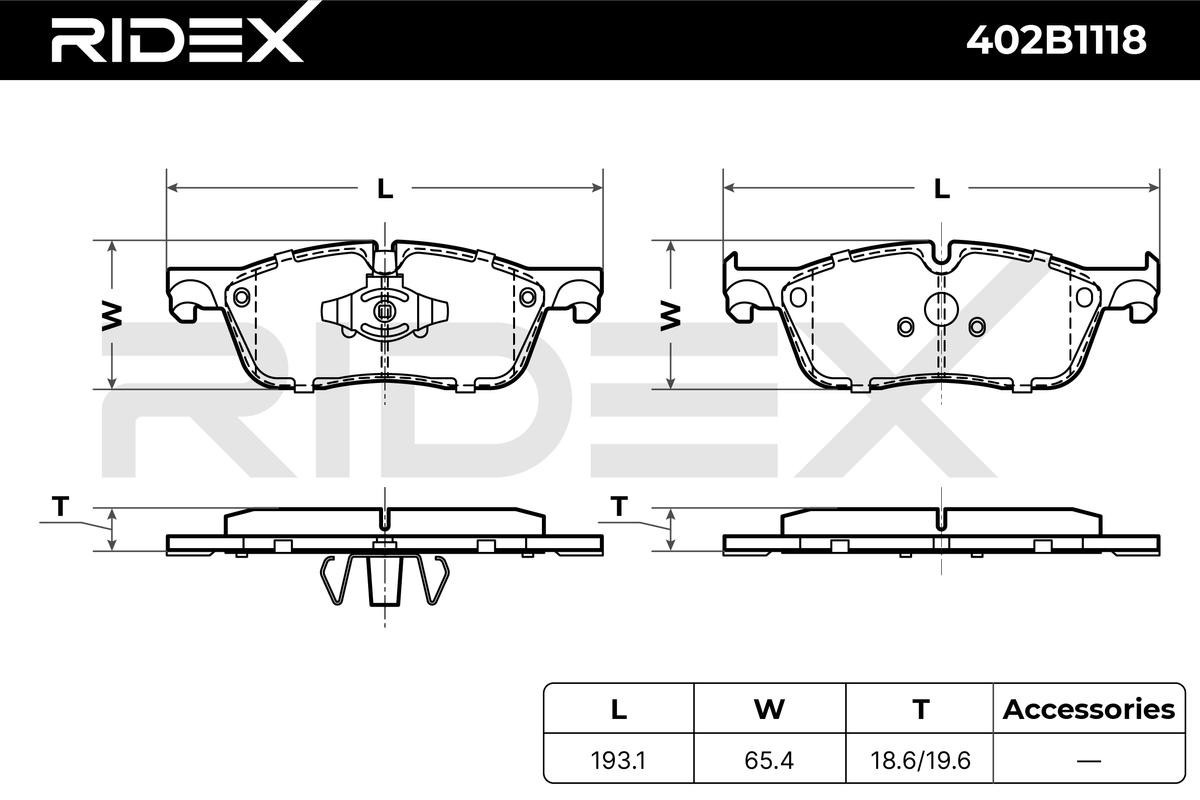 402B1118 Set of brake pads 402B1118 RIDEX Front Axle, prepared for wear indicator, excl. wear warning contact, with piston clip