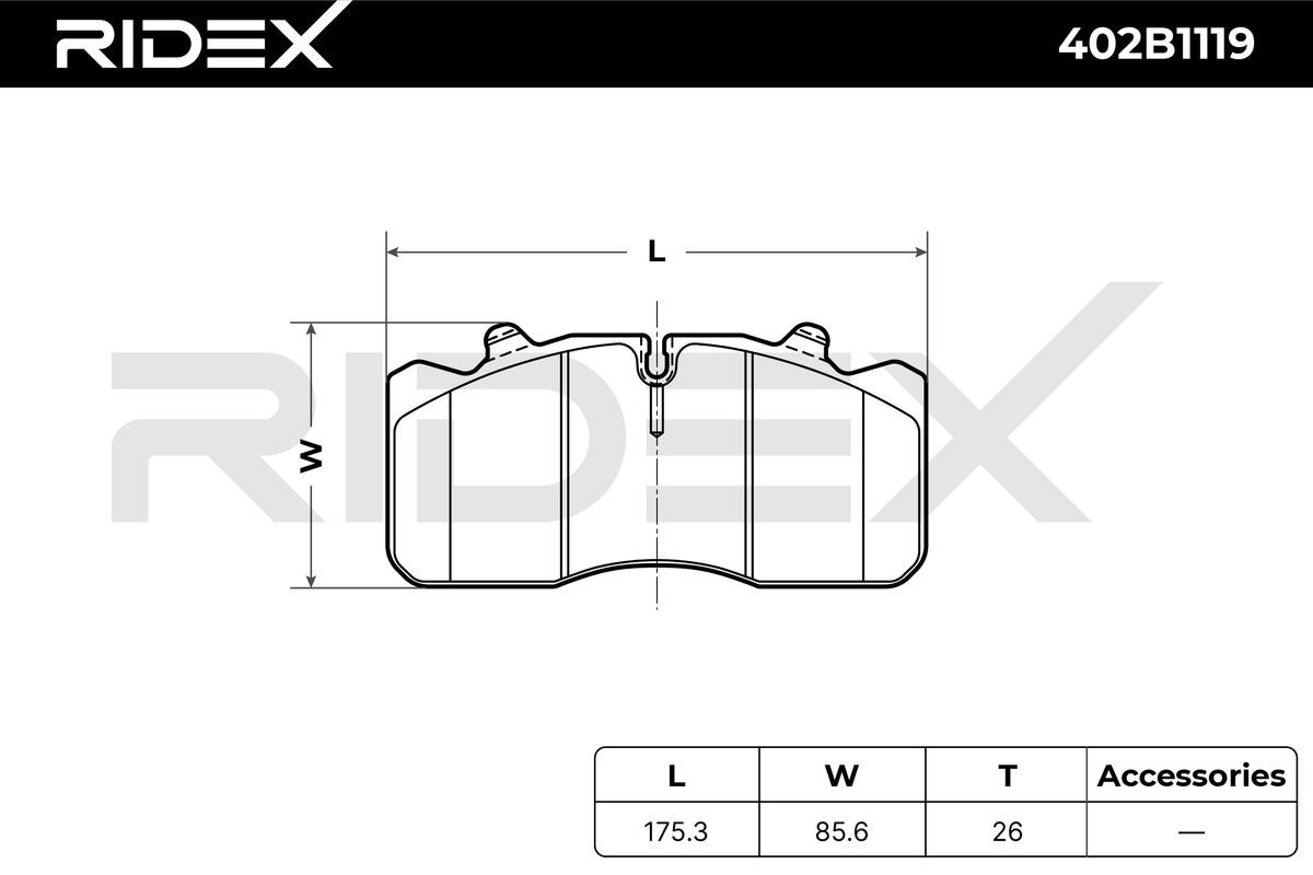 402B1119 Set of brake pads 402B1119 RIDEX Rear Axle, Front Axle, prepared for wear indicator