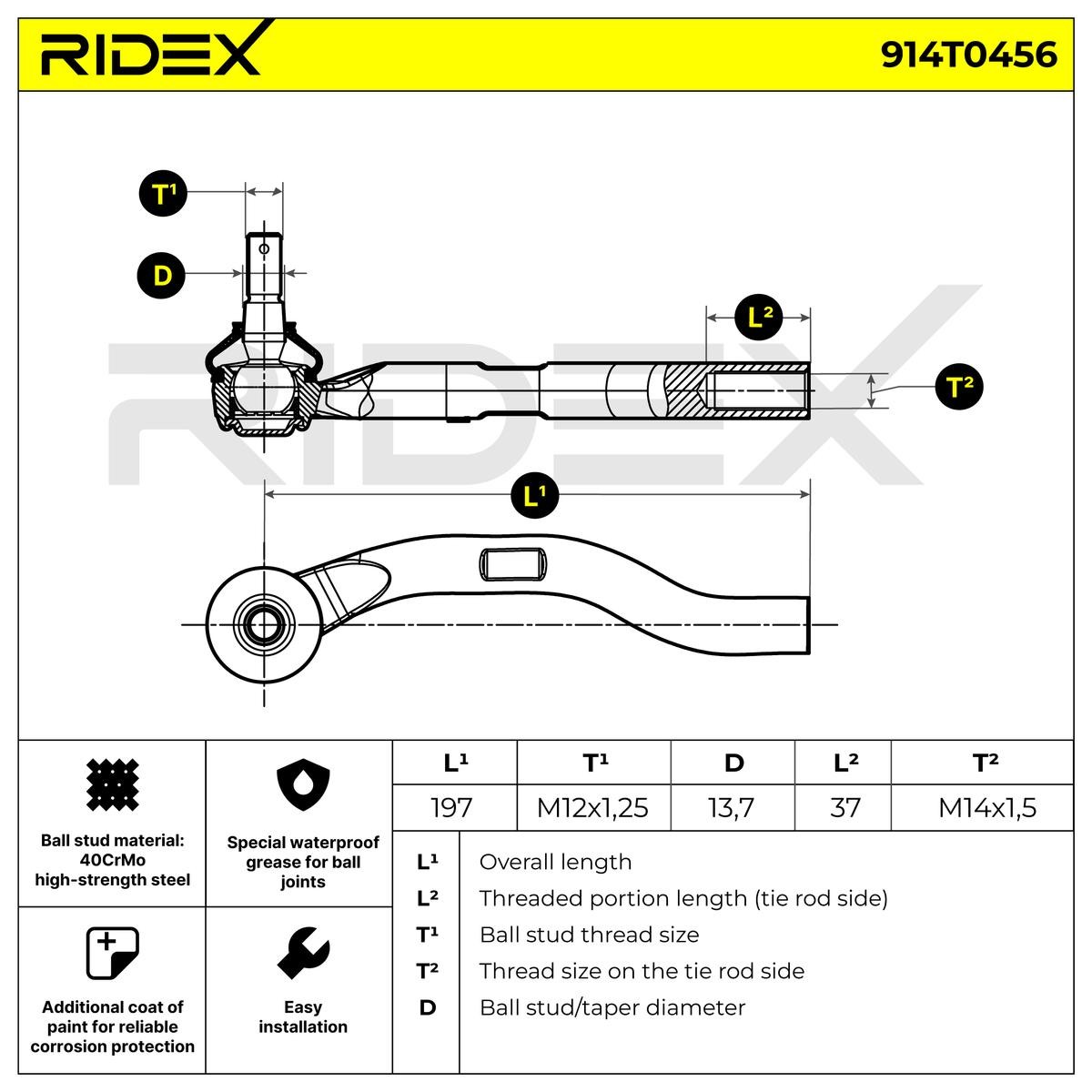 914T0456 Tie rod end 914T0456 RIDEX Cone Size 13,7 mm, M14X1,5