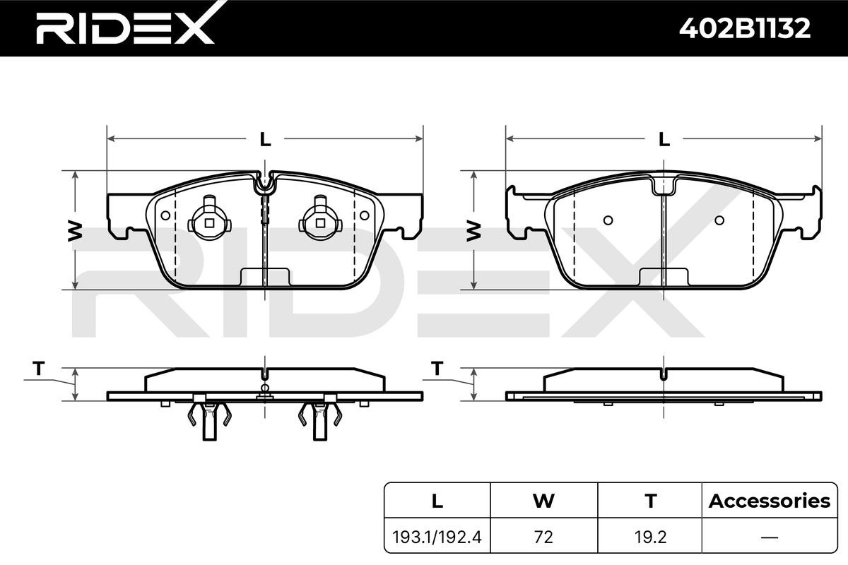 402B1132 Set of brake pads 402B1132 RIDEX Front Axle, prepared for wear indicator