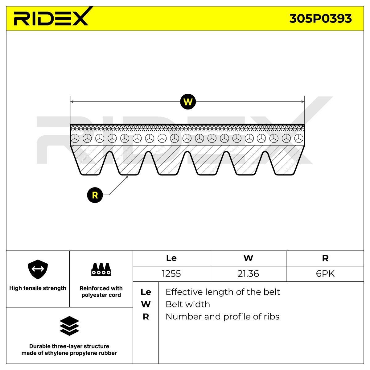 305P0393 Ribbed belt 305P0393 RIDEX 1255mm, 6, EPDM (ethylene propylene diene Monomer (M-class) rubber)