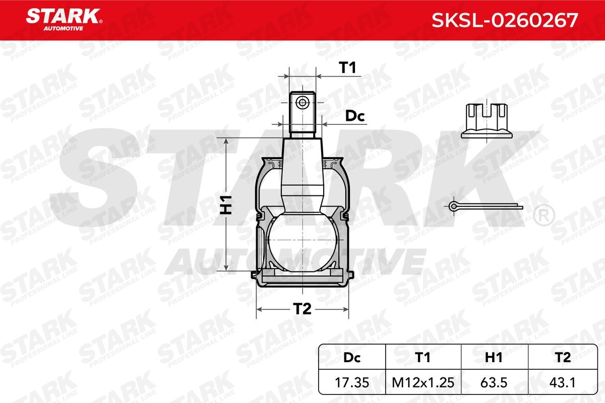SKSL-0260267 Suspension ball joint SKSL-0260267 STARK Front Axle, Lower, both sides, 17,35mm, 43,05, 47,7mm, M12 x 1,25 RHT Mmm, for control arm