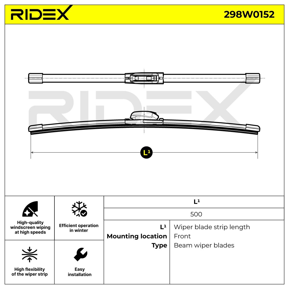298W0152 Window wiper 298W0152 RIDEX 500 mm Front, Beam, with spoiler, Flat, 20 Inch , Hook fixing