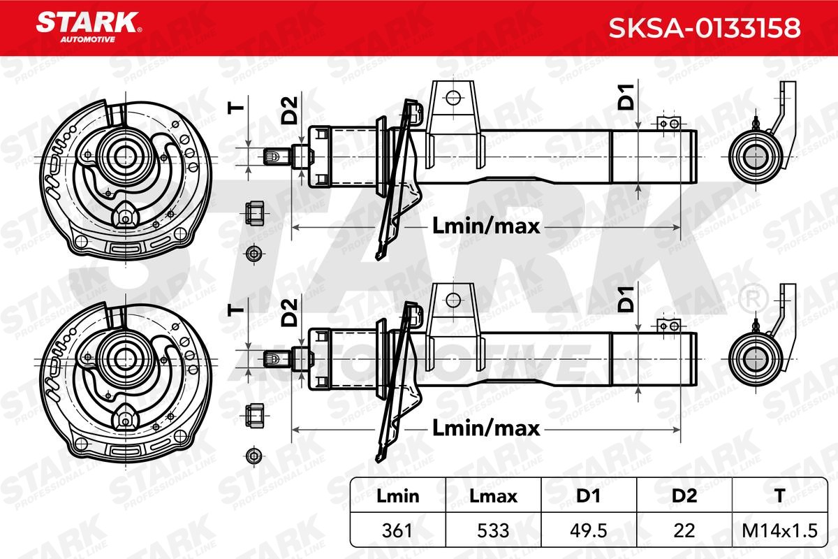 STARK SKSA-0133158 Shock absorber Front Axle, Gas Pressure, Twin-Tube, Suspension Strut, Top pin