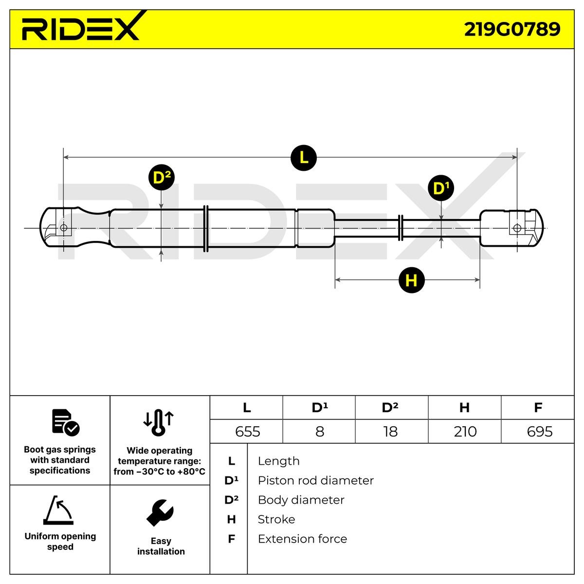 OEM-quality RIDEX 219G0789 Tailgate gas struts