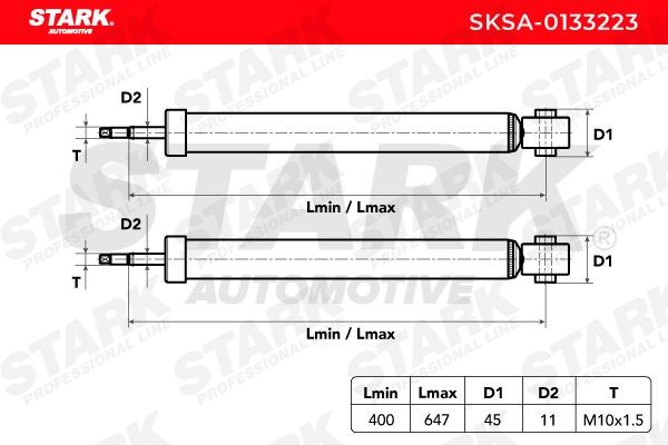 SKSA-0133223 Shocks SKSA-0133223 STARK Rear Axle, Gas Pressure, Twin-Tube, Absorber does not carry a spring, Telescopic Shock Absorber, Top pin, Bottom eye