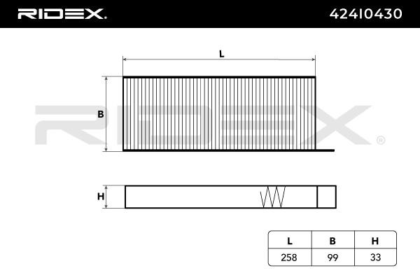 424I0430 Air con filter 424I0430 RIDEX Pollen Filter, 258 mm x 99 mm