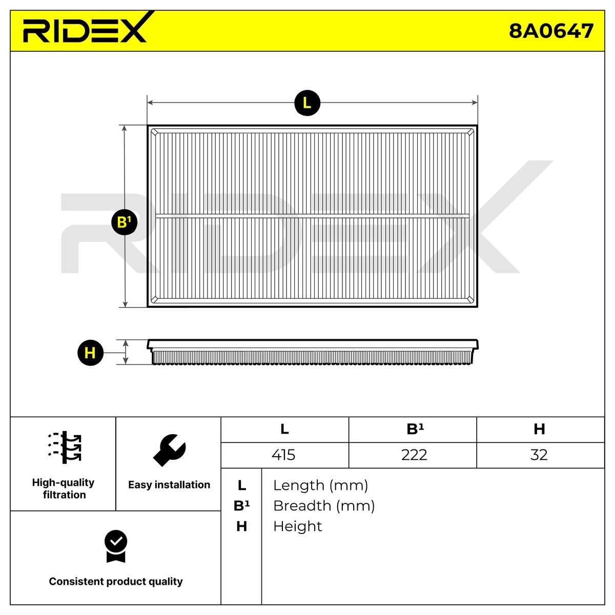OEM-quality RIDEX 8A0647 Engine filter