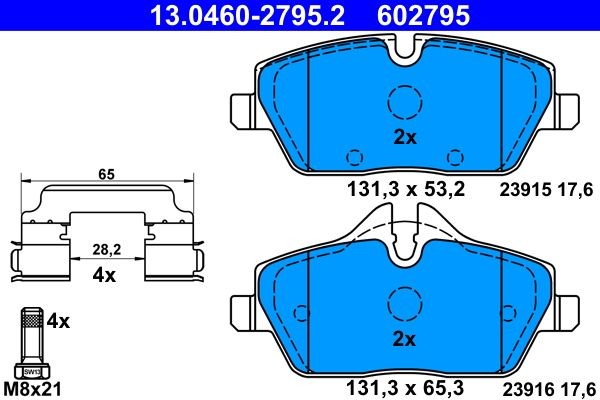 13.0460-2795.2 Set of brake pads 13.0460-2795.2 ATE prepared for wear indicator, excl. wear warning contact, with brake caliper screws, with accessories