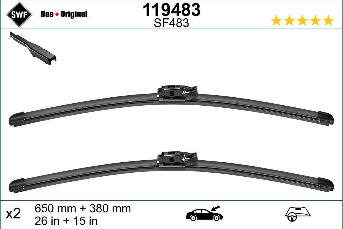 SWF 119483 Wiper blade 650, 380 mm Front, Flat wiper blade, with spoiler, for left-hand drive vehicles
