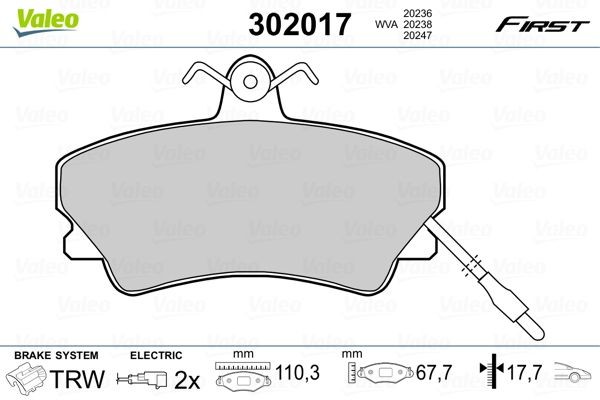 VALEO 302017 Brake pad set FIRST, Front Axle, incl. wear warning contact, without anti-squeak plate