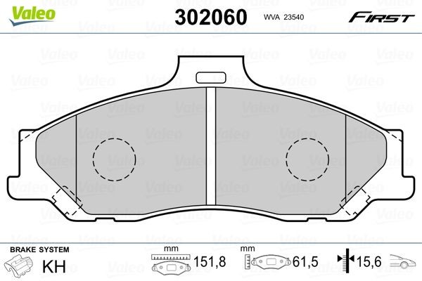 VALEO FIRST, Front Axle, excl. wear warning contact, without anti-squeak plate Height: 61,5mm, Width: 152mm, Thickness: 15,6mm Brake pads 302060 buy